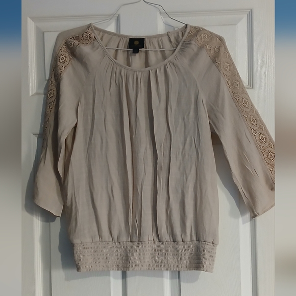 JM Colection Tops - JM Collection  Beige Blouse with Lace Details